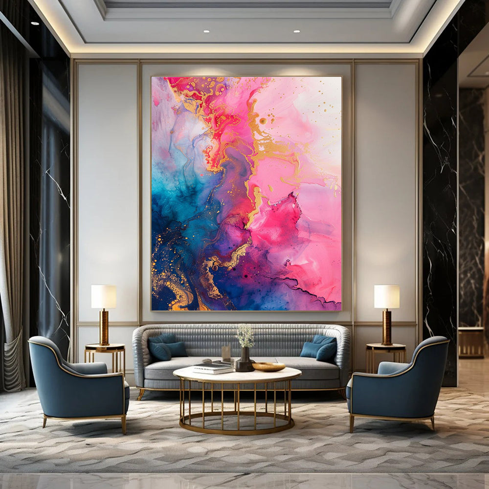 Pink Blue and Gold Fluid Abstract Painting ADGE286
