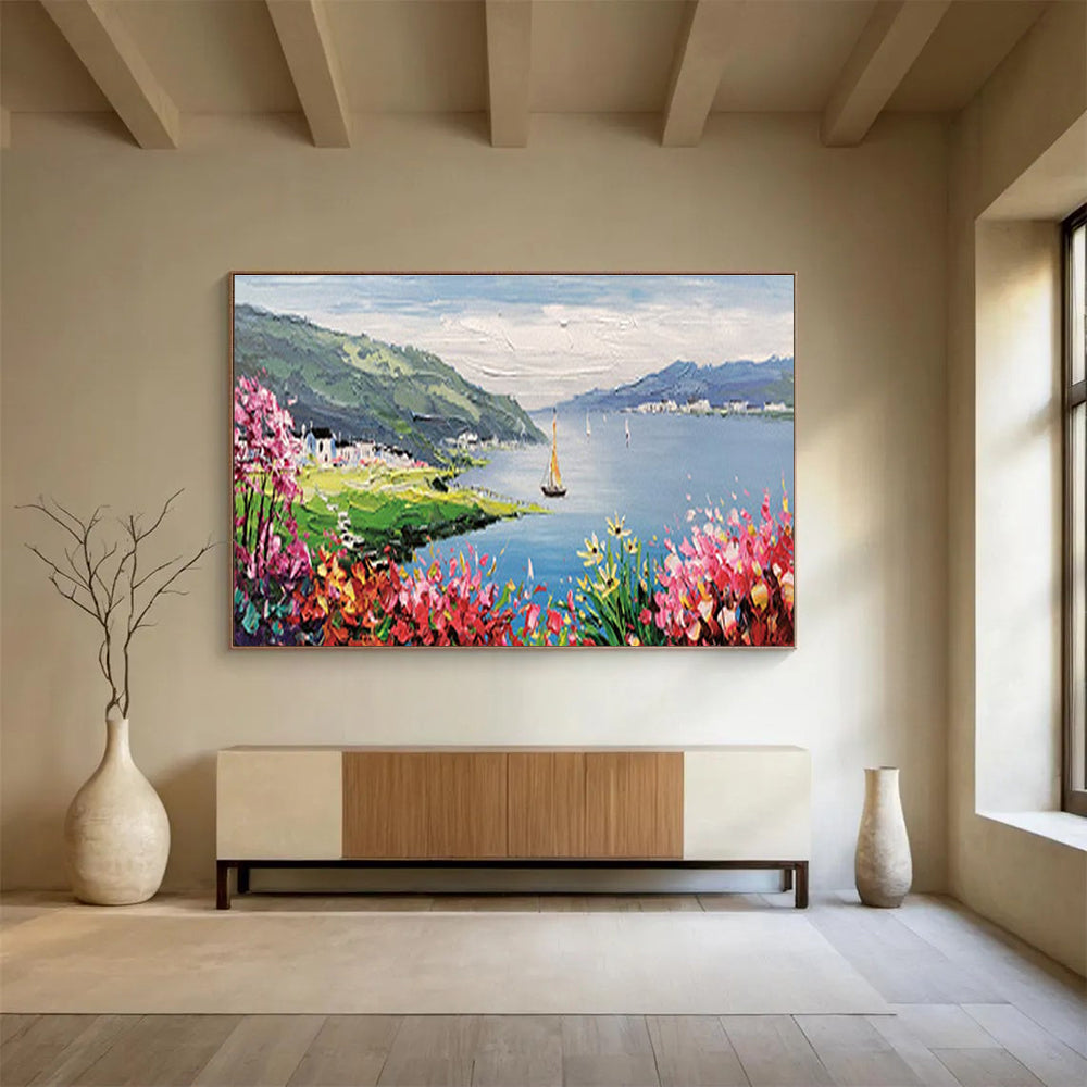 Lakeside Village Abstract Painting with Blue, Green, and Pink Tones THY209