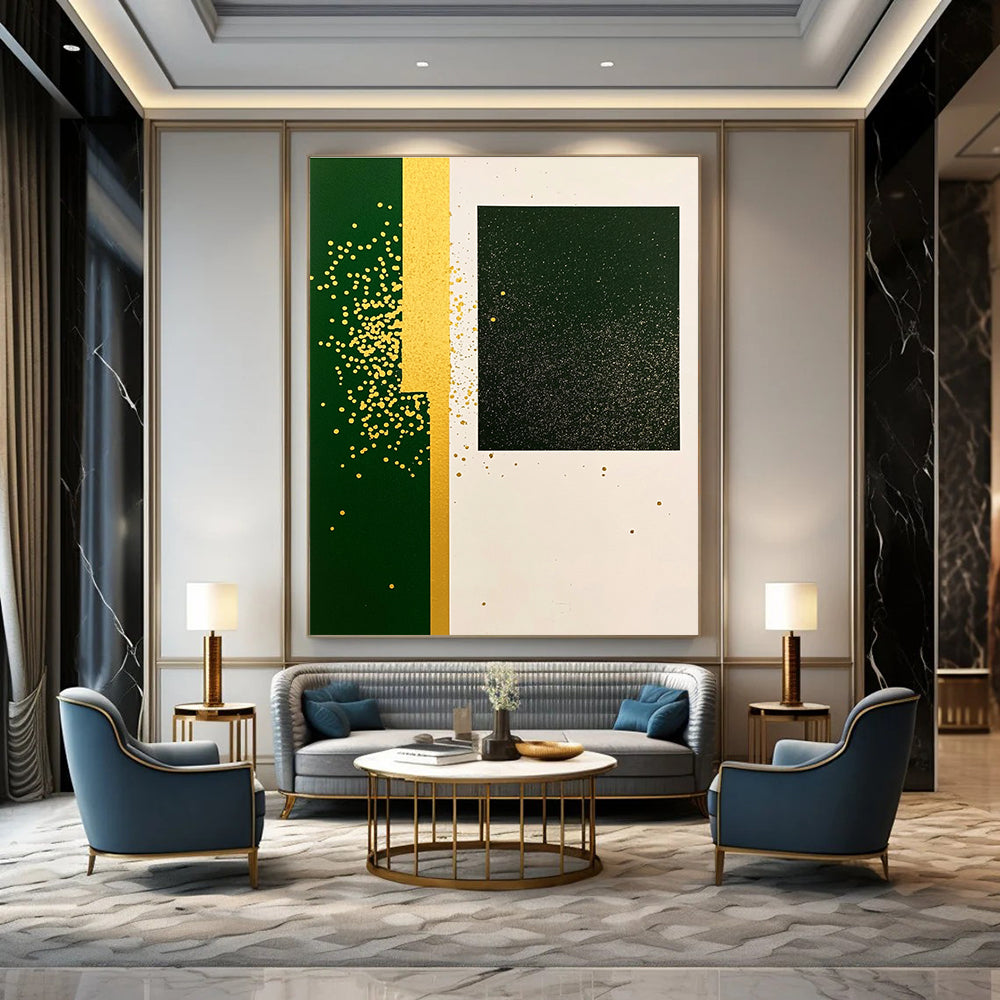 A large abstract painting featuring green rectangular paper with yellow speckles and gold glitter in a minimalistic collage style with simple shapes.STSC1011