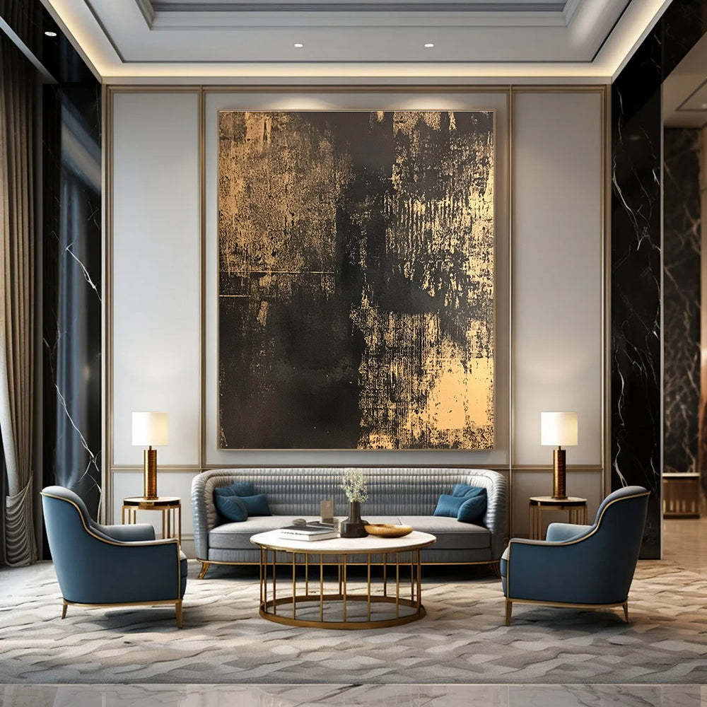 Abstract painting in black and gold on distressed dark brown canvas showcasing intricate details and subtle patterns reminiscent of traditional Chinese art.STSC855