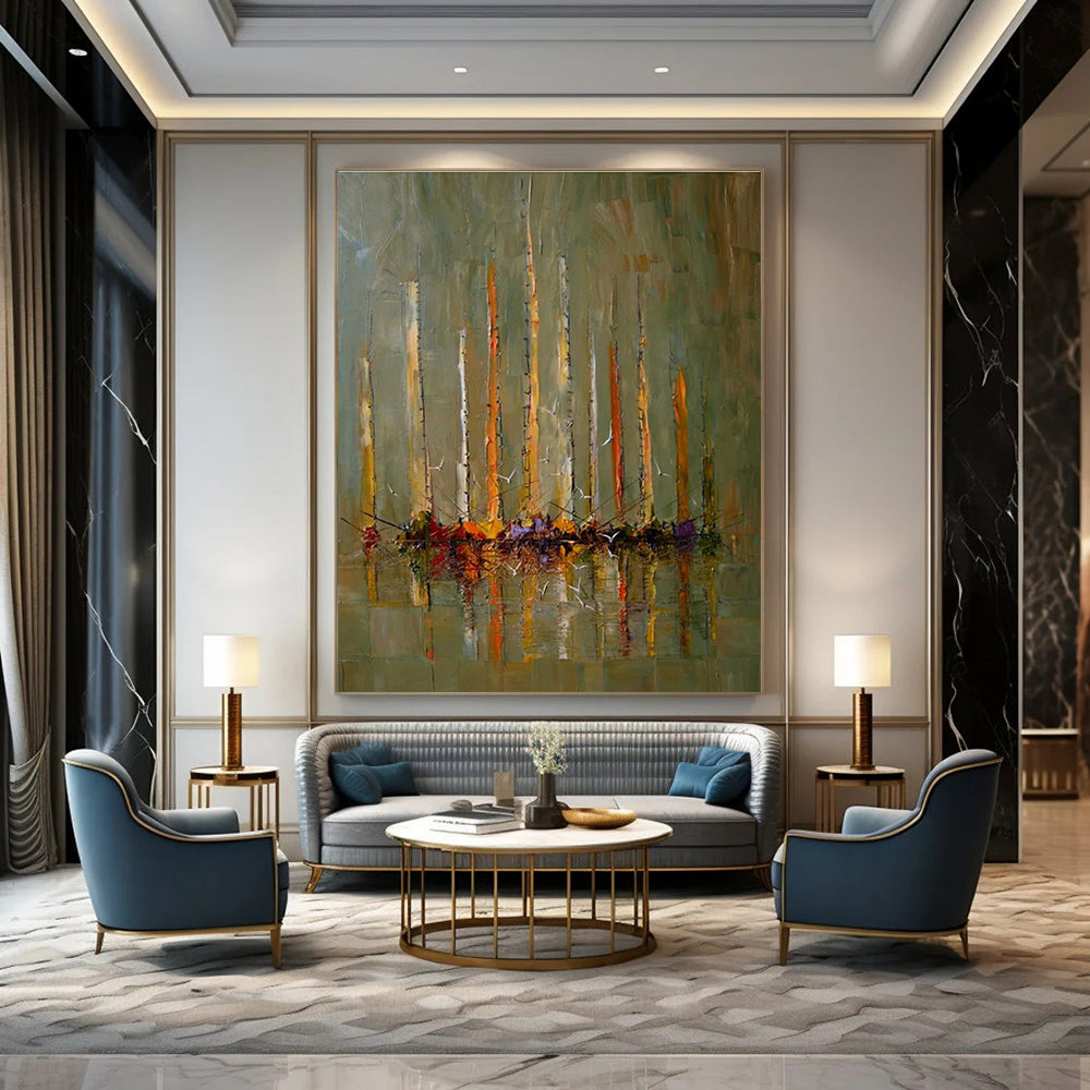 Sailboat Scene Abstract Painting with Earthy and Vibrant Colors ADGE330