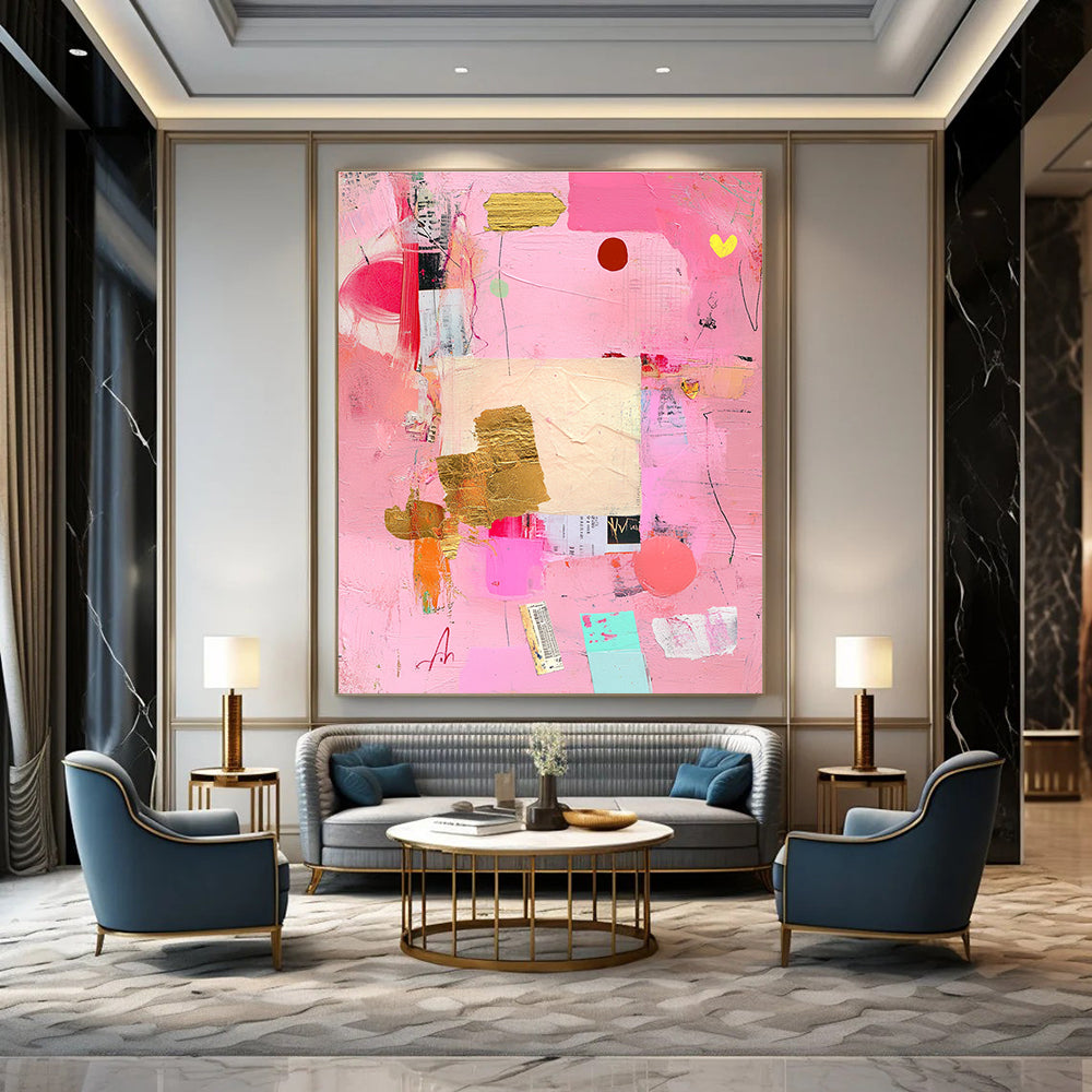 Abstract painting featuring a pink background with collage elements and soft pastel tones conveying love and romance through shapes and textures.STSC748