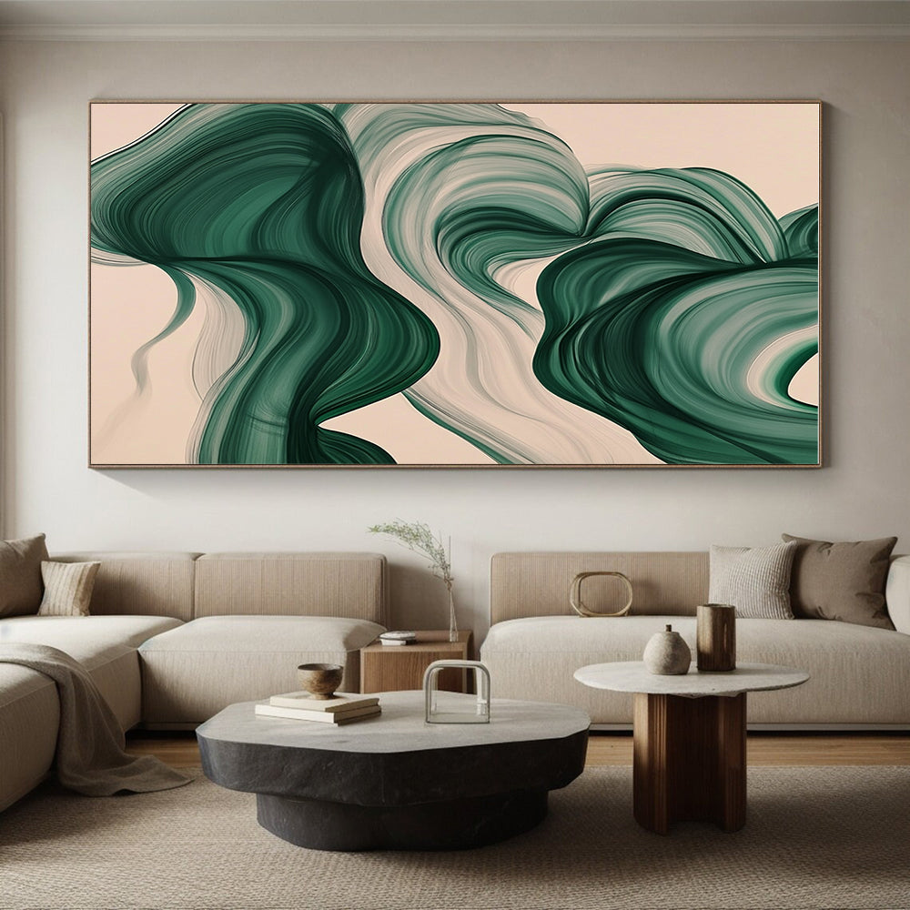 Green and White Abstract Painting with Flowing Ribbons GER423