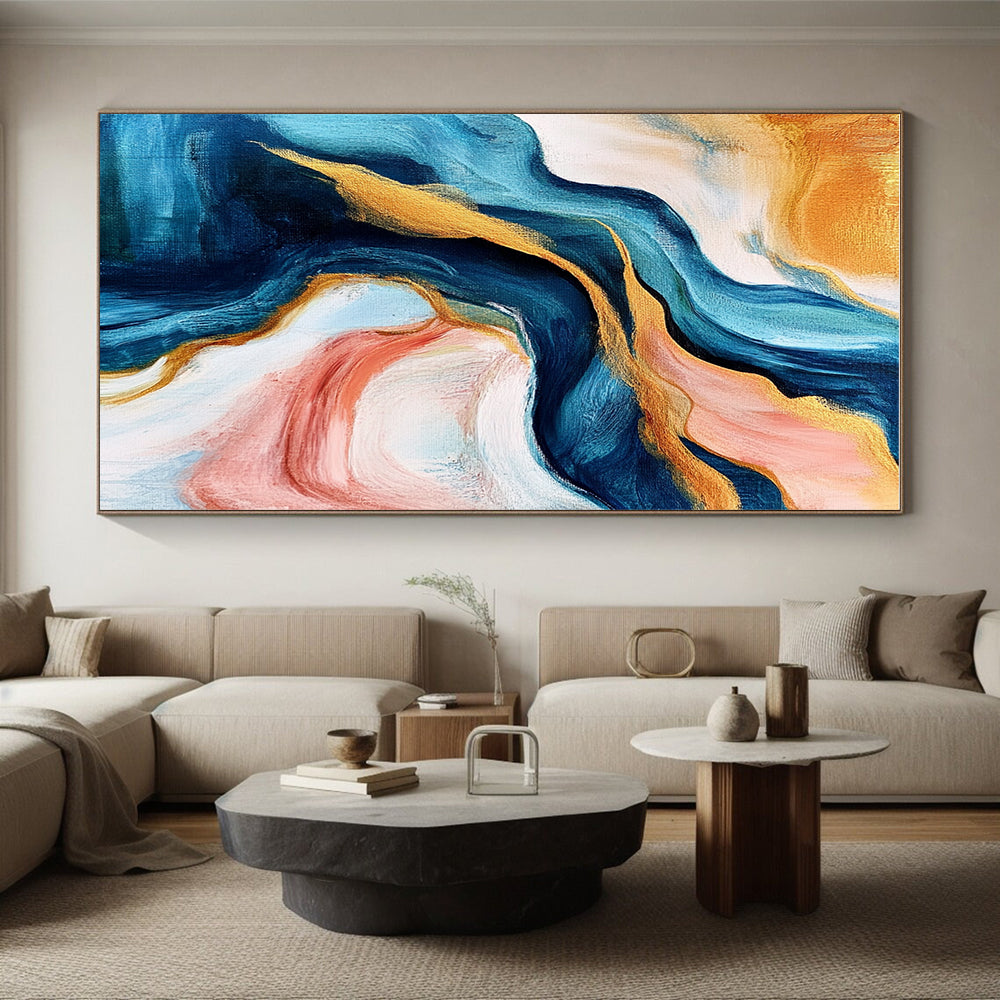 Blue and Gold Abstract Painting with Flowing Motions GER464