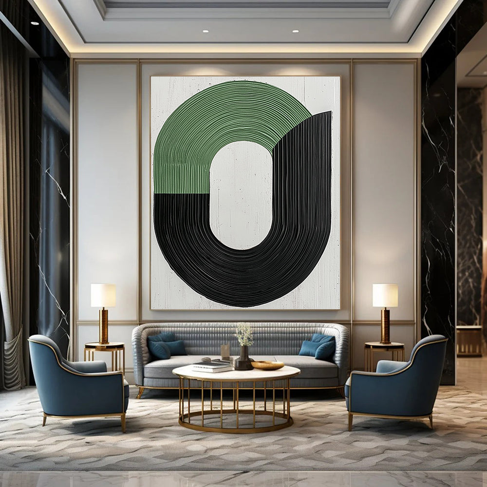 Large abstract painting featuring elegant black and green curved lines on a pure white background conveying calmness and movement ideal for wall decoration.STSC1141