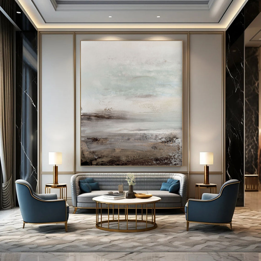 Misty Coastal Abstract with Soft Gray and Blue Tones Painting ADGE153