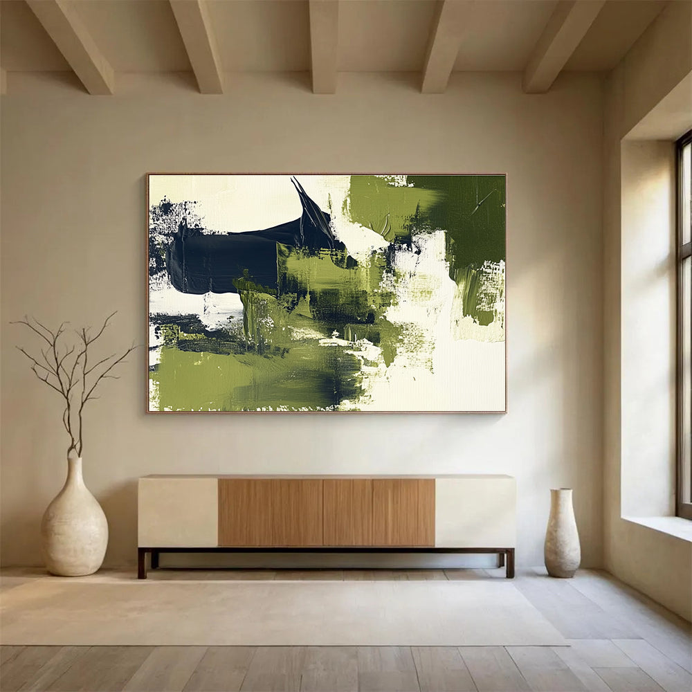 Green Black and White Abstract Painting with Textured Layers DYP407