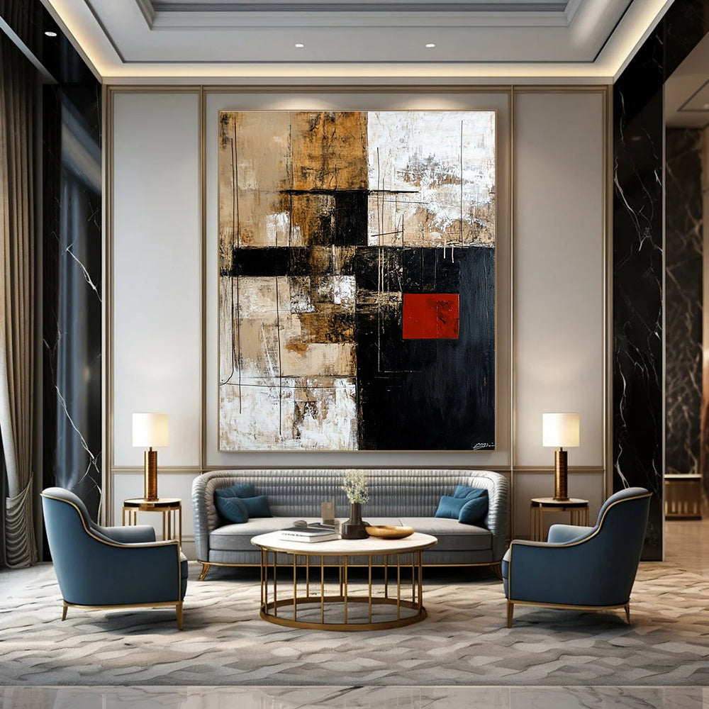 Large abstract painting in black brown beige and white with striking red square adds contrast to the dynamic design.STSC391