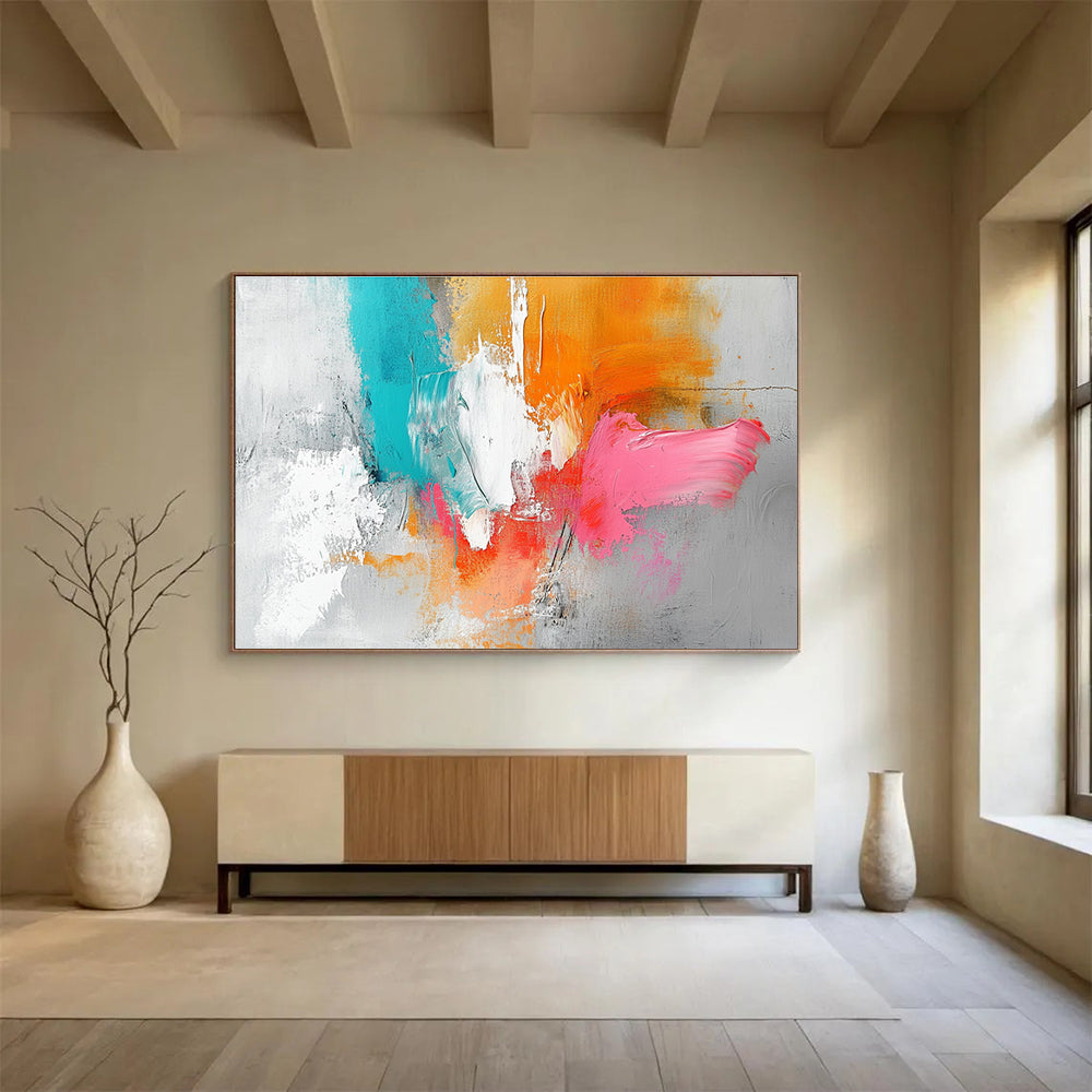Large abstract painting featuring a light gray background with orange and pink splashes, white brush strokes, and vibrant blue accents.SC148