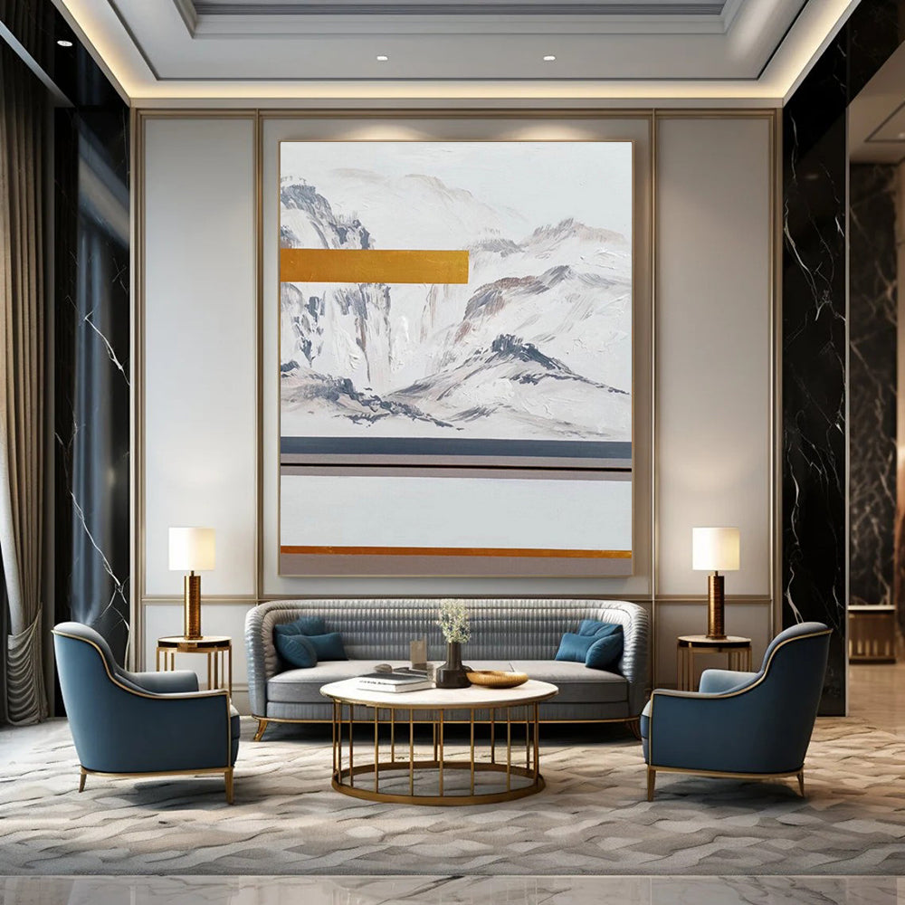 White Grey Gold Mountain Abstract Painting ADGE045