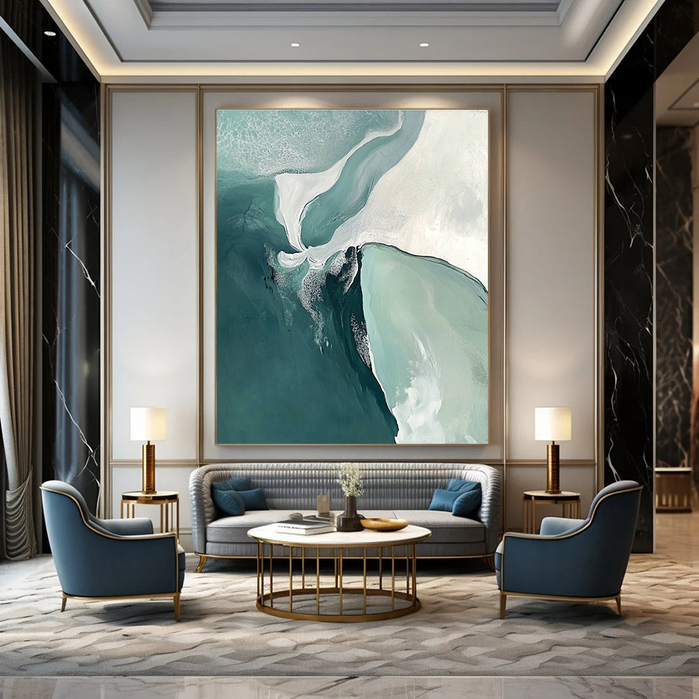 Large abstract painting featuring turquoise sea and white sand beach with soft edges and minimalist composition evoking peace and serenity.STSC534