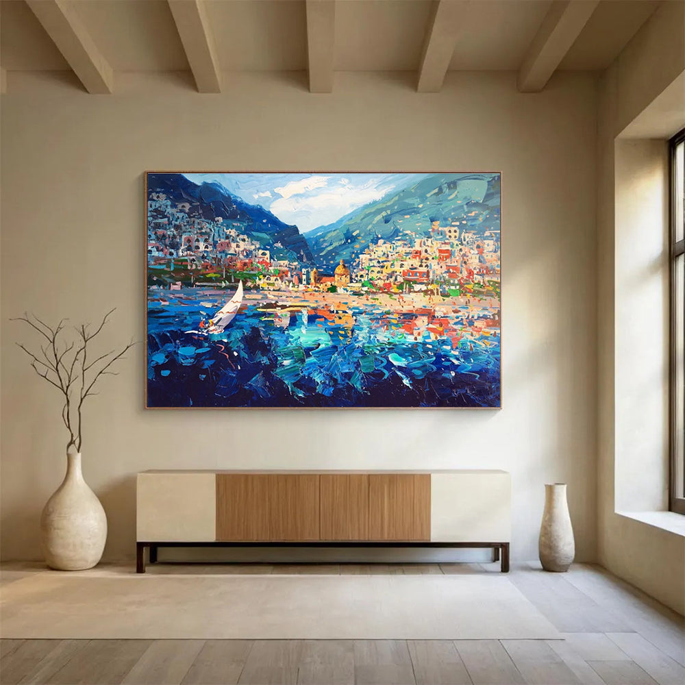 Coastal Town with Sailboat Abstract Painting THY439