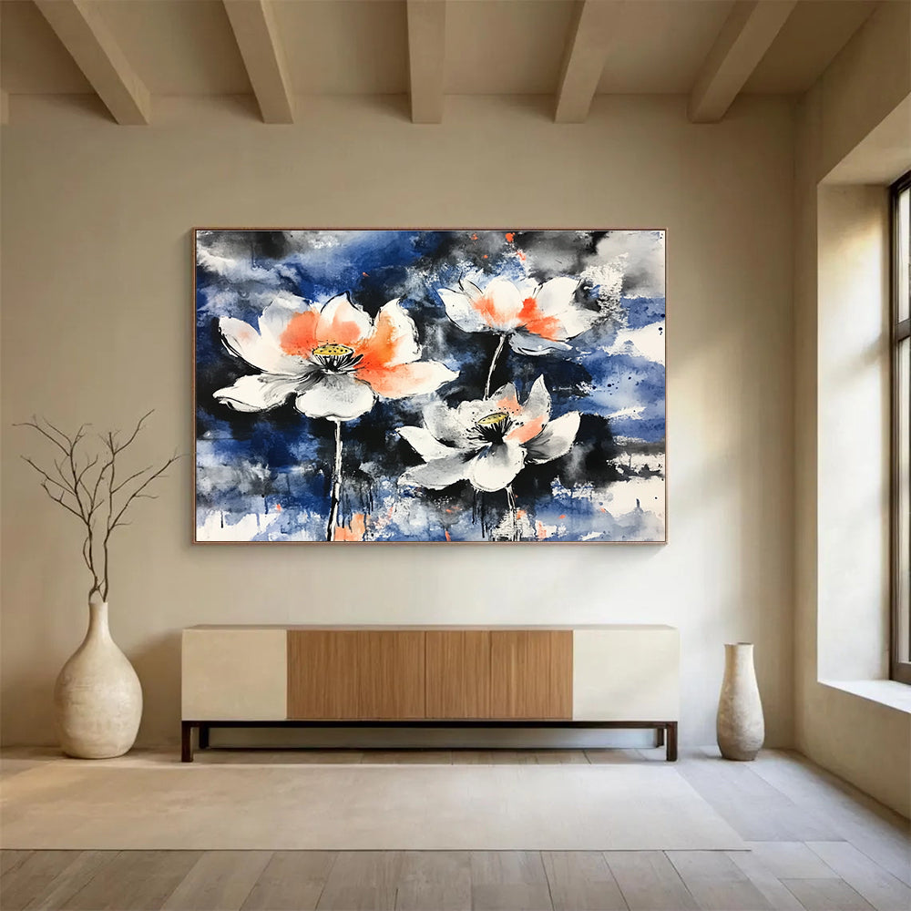 A large abstract painting featuring blooming lotus flowers with orange and white petals against a blue background using traditional Chinese brushstroke techniques.SC580