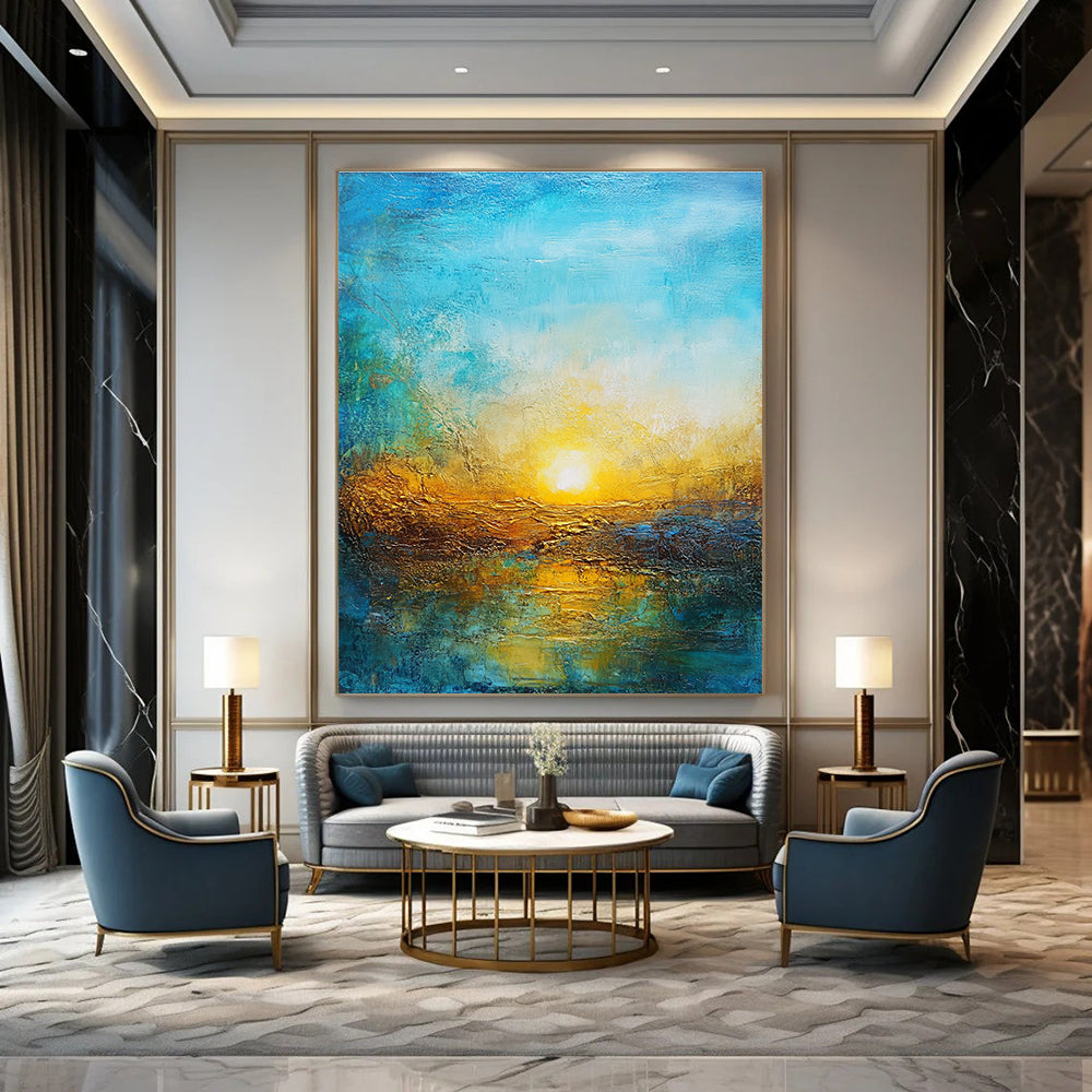 Large abstract painting featuring a vibrant sunset in golden hues and deep blues over a textured landscape symbolizing new beginnings and hope.STSC200