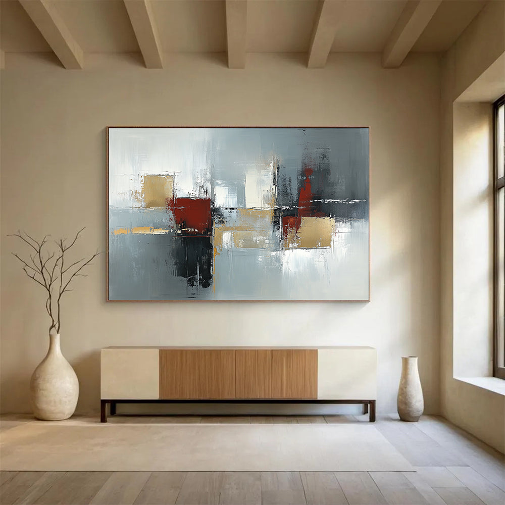 Large abstract painting in neutral tones and grays featuring urban-inspired shapes with depth and texture suitable for modern decor.SC244