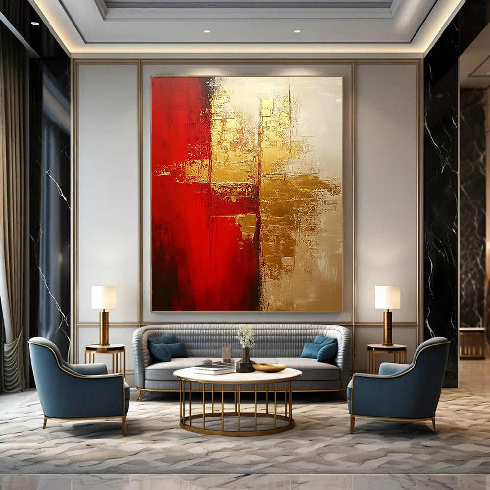 Large abstract painting in warm red and gold tones with soft brushstrokes showcasing depth and emotional warmth on a textured oil canvas.STSC824