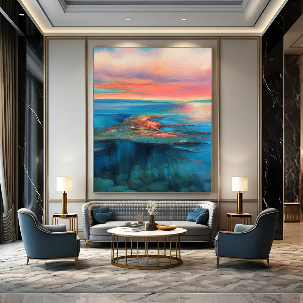 Pink and Blue Sunset Sea Abstract Painting for Relaxing Corners ADGE051