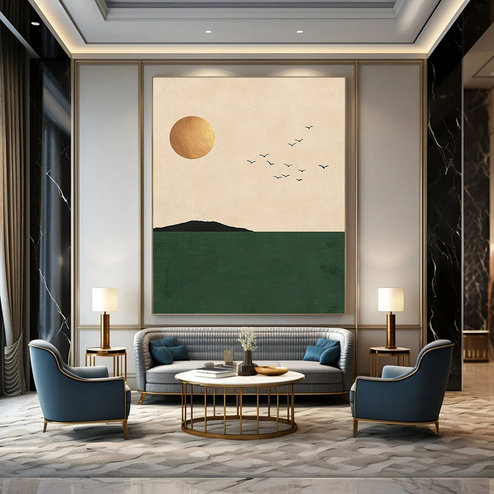 Large abstract painting featuring minimalist Japandi art with a sun and birds over a green sea in a neutral palette with gold accents.STSC1338