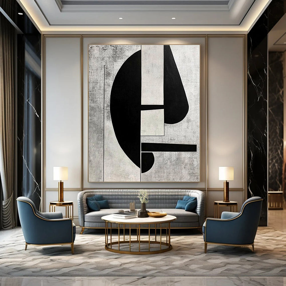 Large abstract painting in black and white on grey background featuring cubism elements and minimalistic retrofuturist style inspired by 1930s art.STSC465