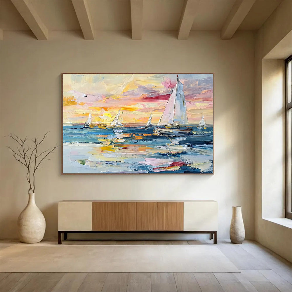 Sailboats at Sunset Colorful Abstract Painting with Vivid Sky Hues DYP603