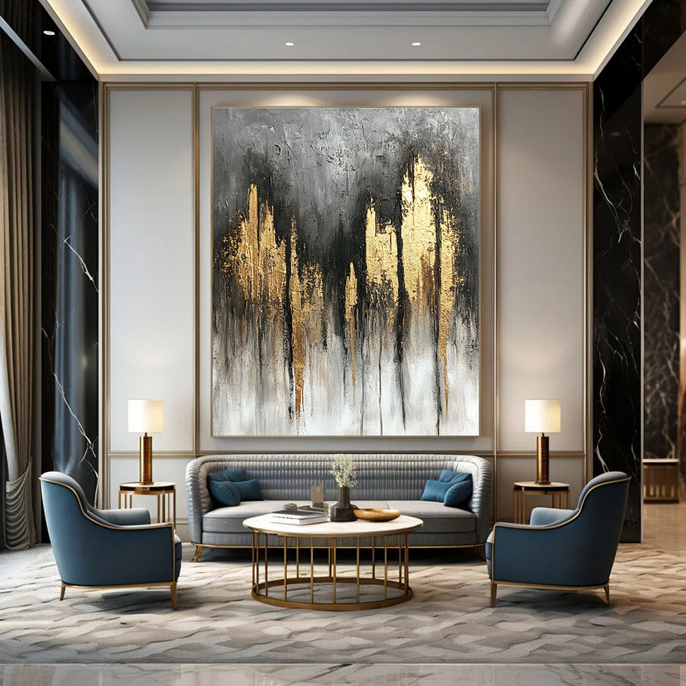 Large abstract painting featuring a gray and gold color scheme with textured canvas flowing lines and a tranquil atmospheric composition.STSC393