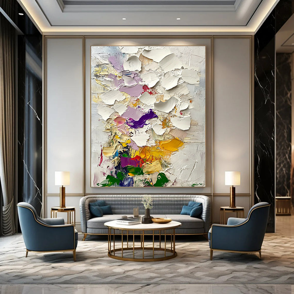 Large abstract painting of textured clouds in pinks purples and yellows with green leaves inspired by Gustav Klimt's style.STSC364
