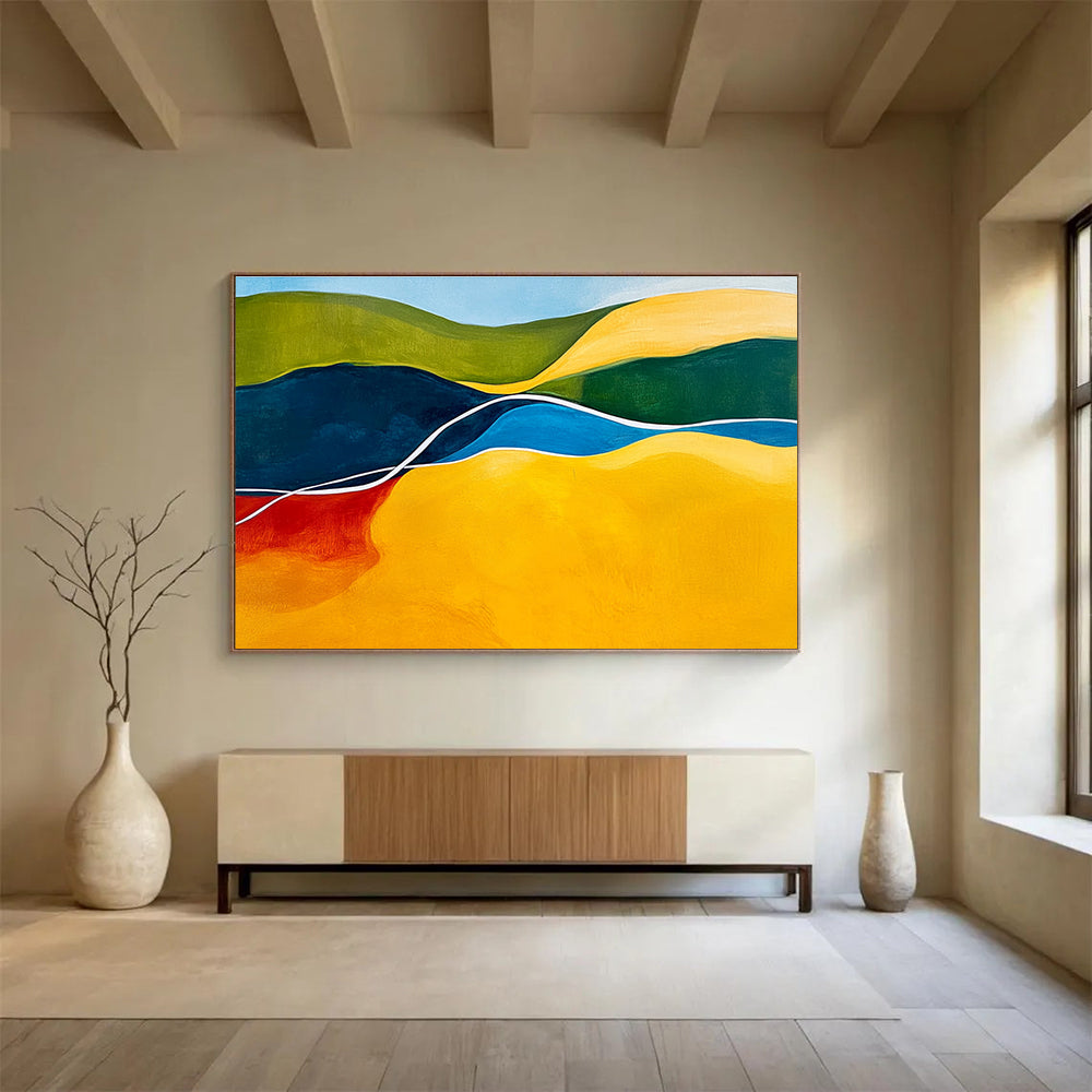 Vibrant Geometric Hills Abstract Painting with Bold Color Blocks DYP229