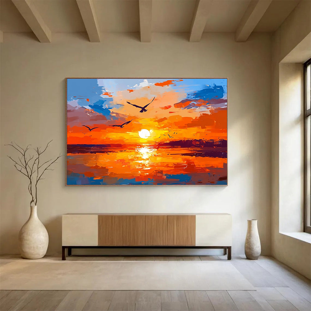 Vibrant Sunset with Birds Abstract Painting in Orange and Blue DYP443