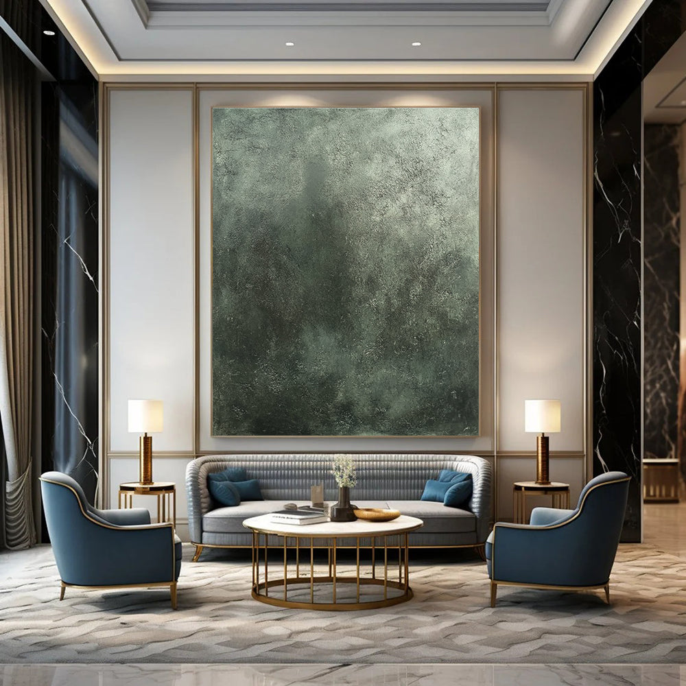 A large abstract painting featuring dark gray concrete texture with subtle greenish tones inspired by Beksiński and Frazetta's styles.STSC1290