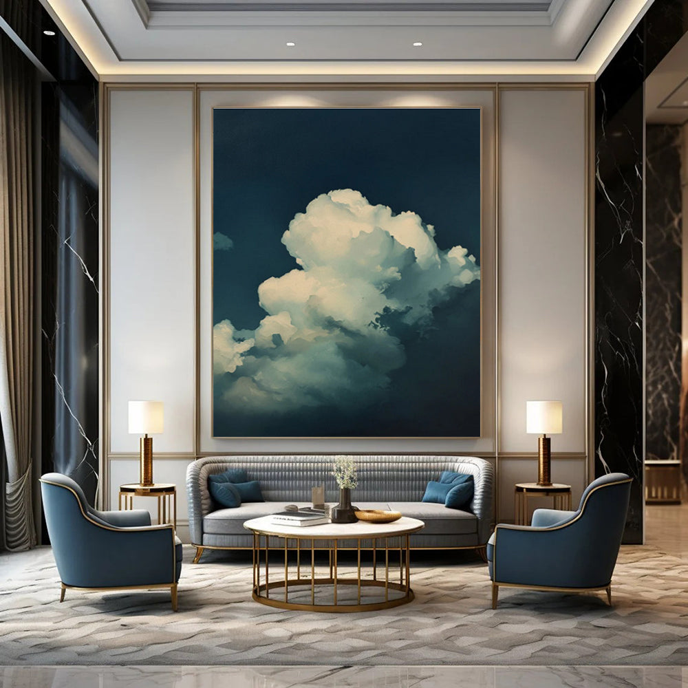White Clouds Dark Blue Sky Abstract Painting ADGE020
