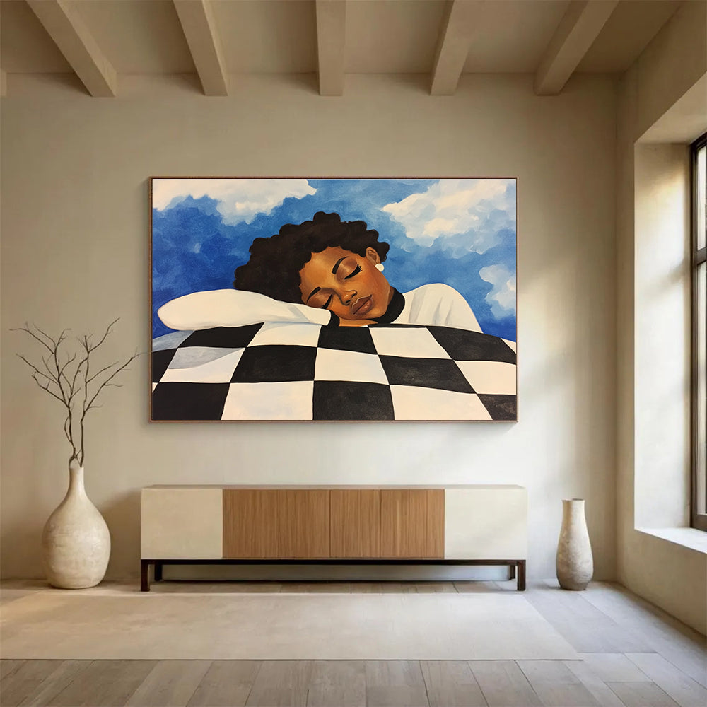 Dreamy Sleep Portrait Abstract Painting with Blue and Black White Tones DYP561