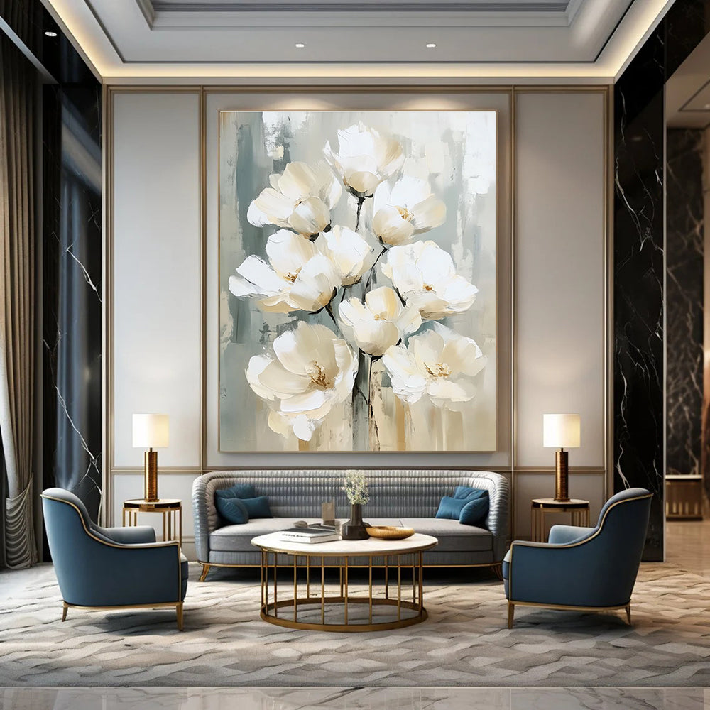Large abstract painting with white flowers in delicate brushstrokes beige and gray palette textured surface and soft edges creating depth and elegance.STSC1475