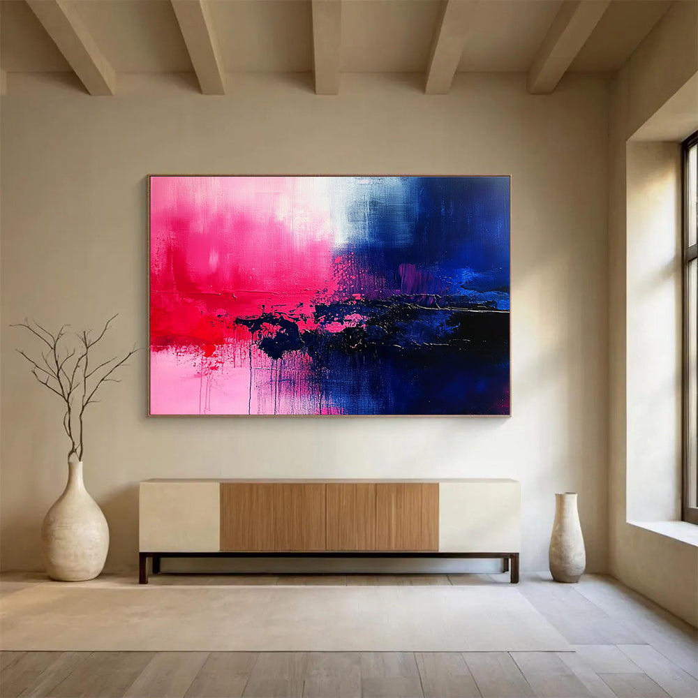 Large abstract painting featuring vibrant shades of blue pink red purple and black, ideal for contemporary decor.SC026
