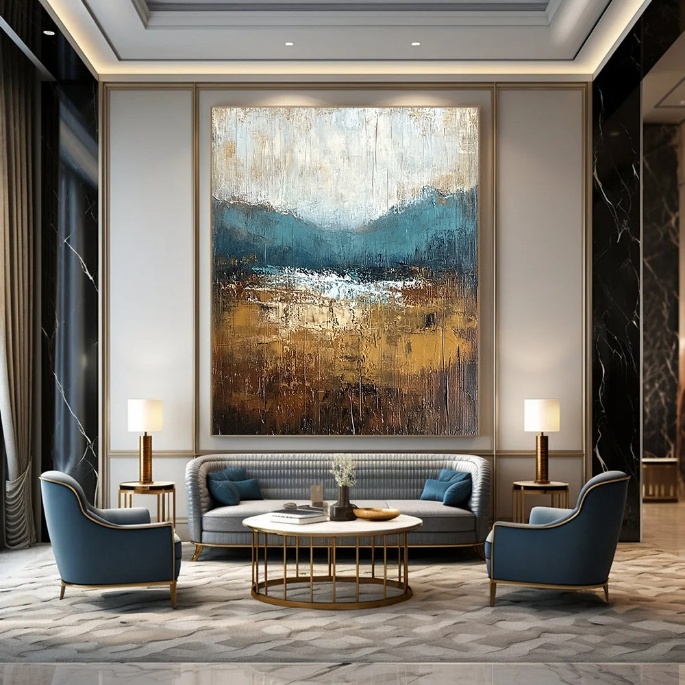 Large abstract painting with textured layers in earthy tones capturing nature's beauty and soft atmospheric lighting on canvas.STSC093