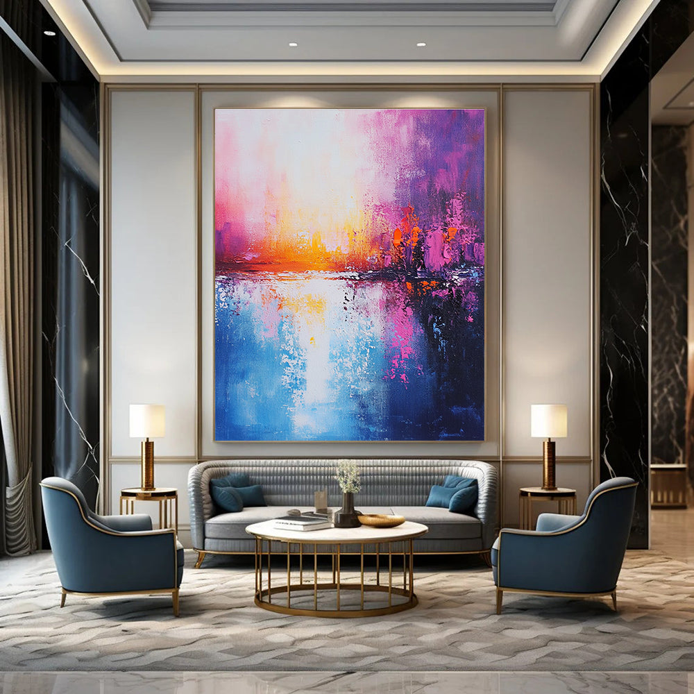 Large Abstract Painting of a tranquil ocean in pink blue and purple tones with a sunset warm cool palette and detailed brushstrokes on canvas.STSC265