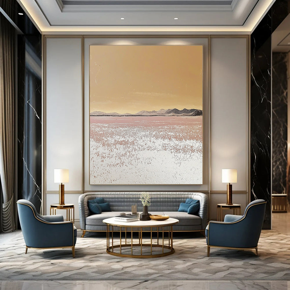 Large abstract painting depicting a serene desert landscape with pastel tones and a textured surface showcasing an endless sea of salt crystals.STSC979