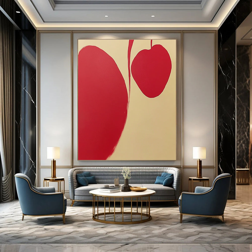 Abstract painting featuring red and cream-white background with two minimalist apple petal shapes and clean lines without shadows.STSC1105