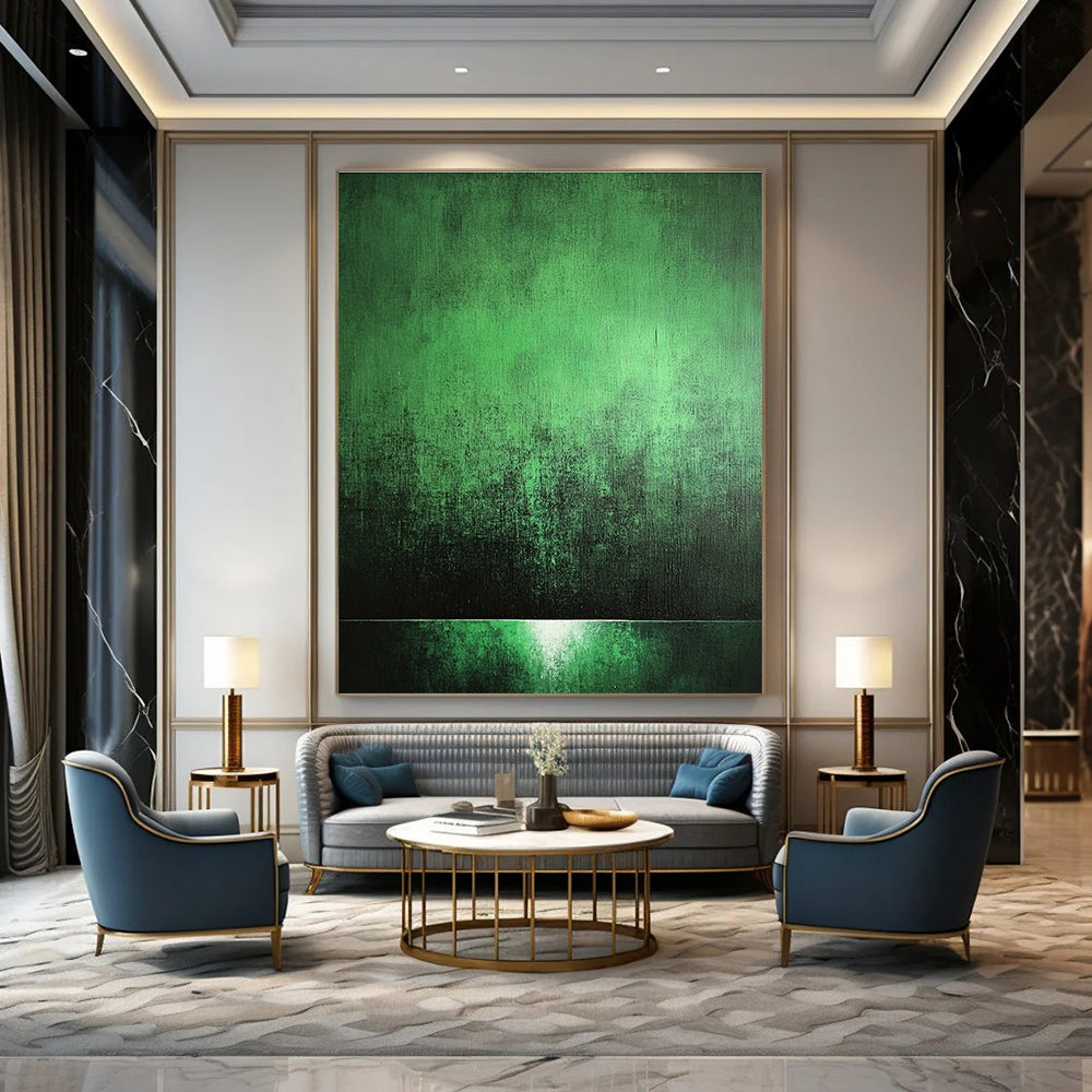 Abstract painting with a green background, soft light, high contrast, and eerie shadows creating a mysterious and textured atmosphere.STSC1007