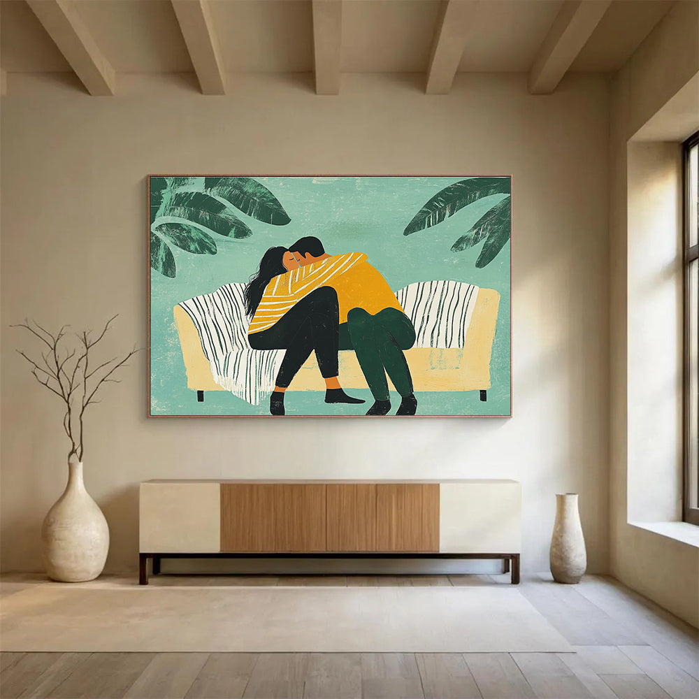 An abstract illustration of a couple embracing on a couch under a striped blanket surrounded by minimalistic plants in bold colors.SC400