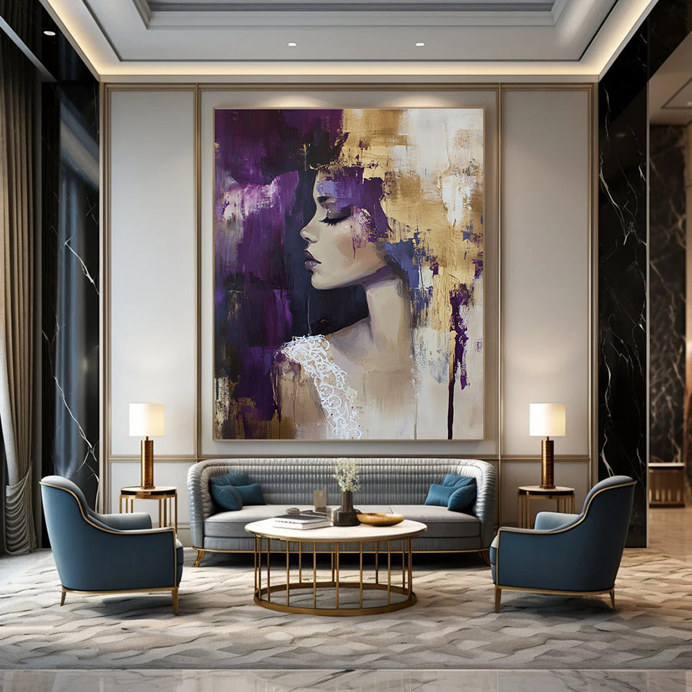 Abstract oil painting featuring a woman in a Hunkemöller lace top with gold accents against a dark gold foil background in beige and purple hues.STSC177