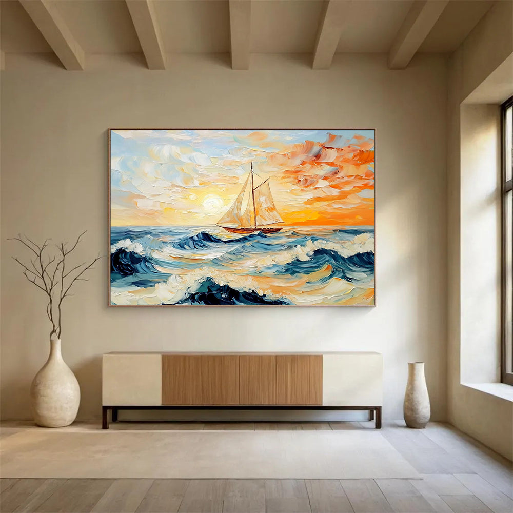 An abstract painting of the sea features an old sailboat at sunset with vibrant orange and blue hues and dynamic waves, inviting oceanic tranquility.SC419
