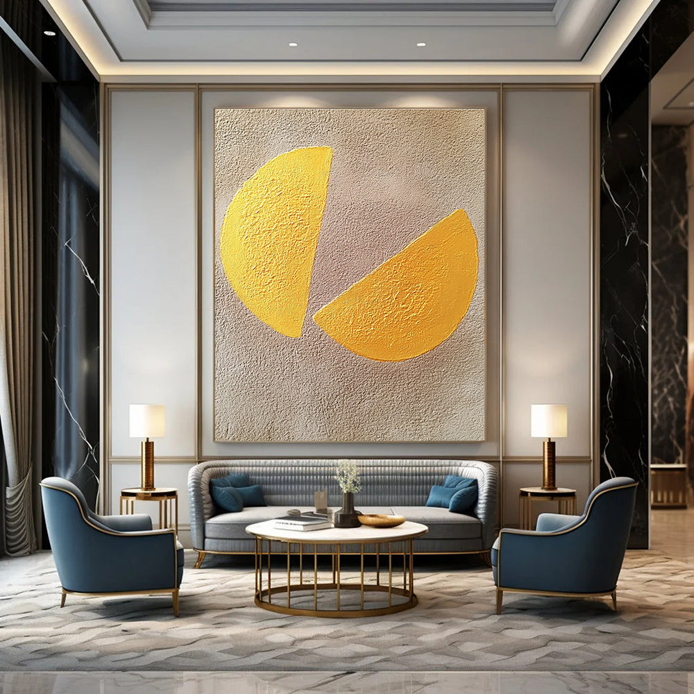 Abstract painting featuring two yellow semi-circular shapes on a textured gray background showcasing minimalist artistry and contemporary appeal.STSC1456