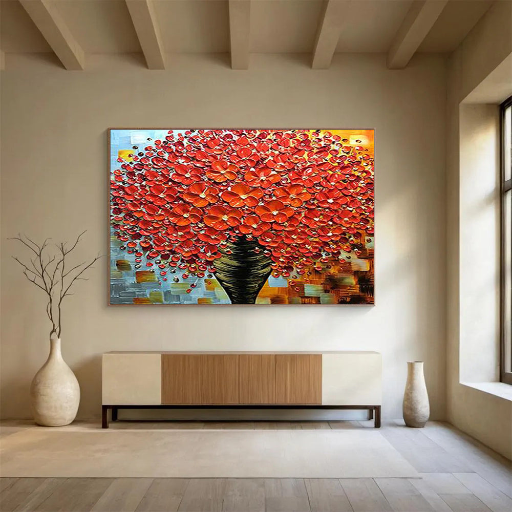 Red Flower Vase Abstract Painting with Textured Petals THY226