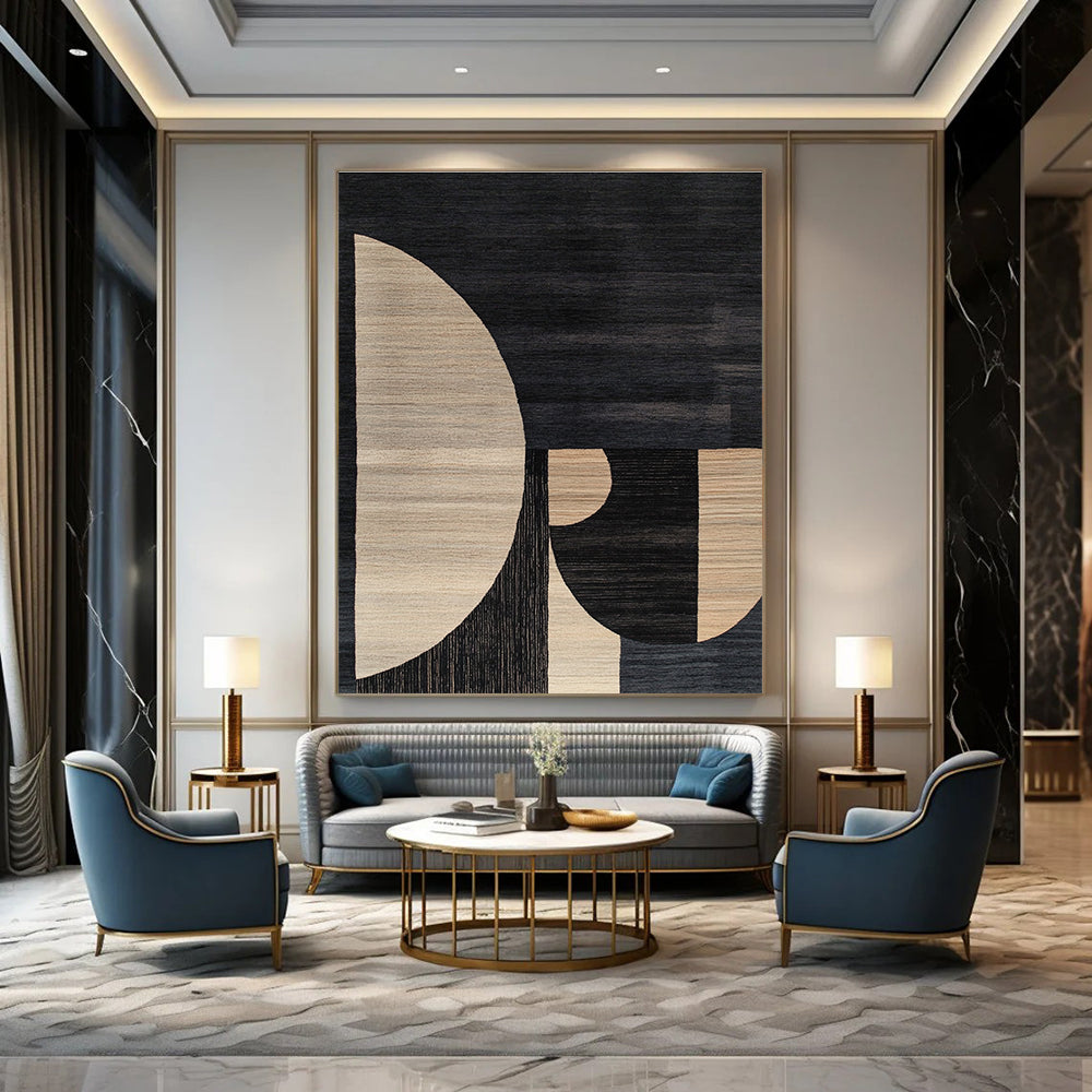 Large abstract rug featuring a minimalistic Bauhaus design with soft edges contrasting dark gray beige black and white tones.STSC1169