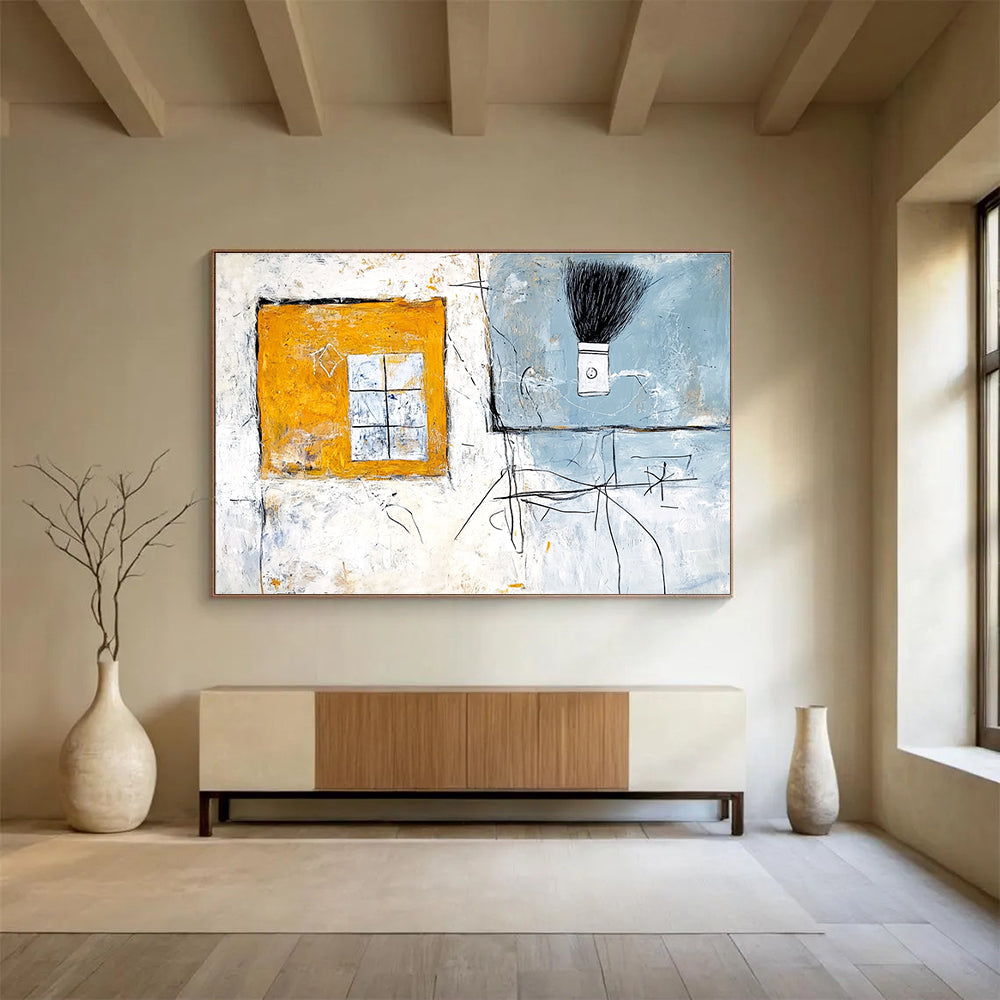 Window and Brush Abstract Painting with Yellow Blue and White Tones DYP340