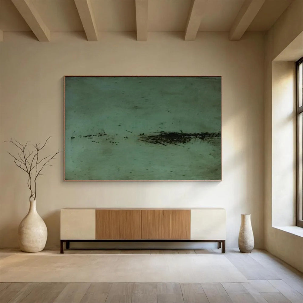 Green Textured Abstract Painting with Minimalist, Organic Feel THY395