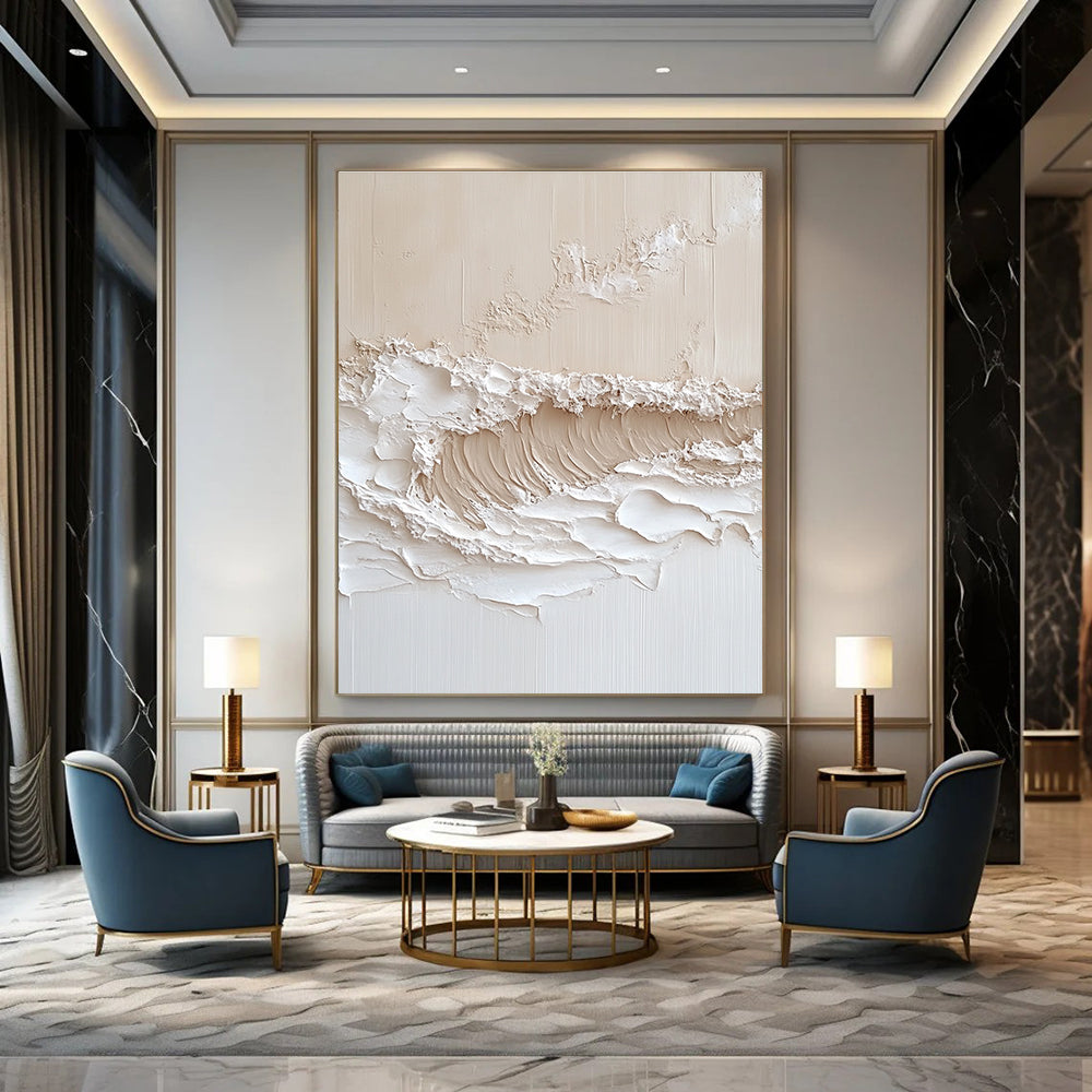 Large abstract painting of textured waves in neutral tones with thick impasto technique for a captivating wall art statement.STSC1212