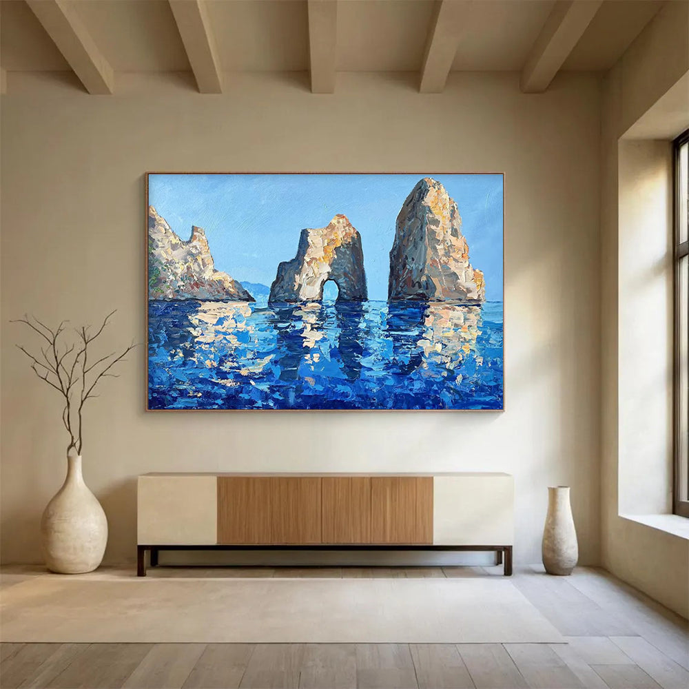 Blue Beige Sea Stack Rocks Abstract Painting THY478