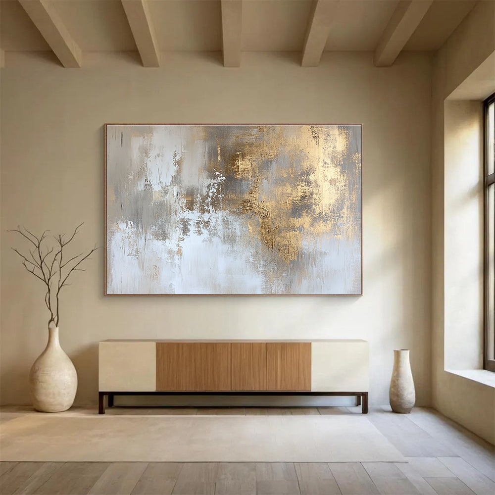 Abstract painting with faded gold and white hues featuring distressed textures and subtle gradients for elegant wall art and interior design.SC234