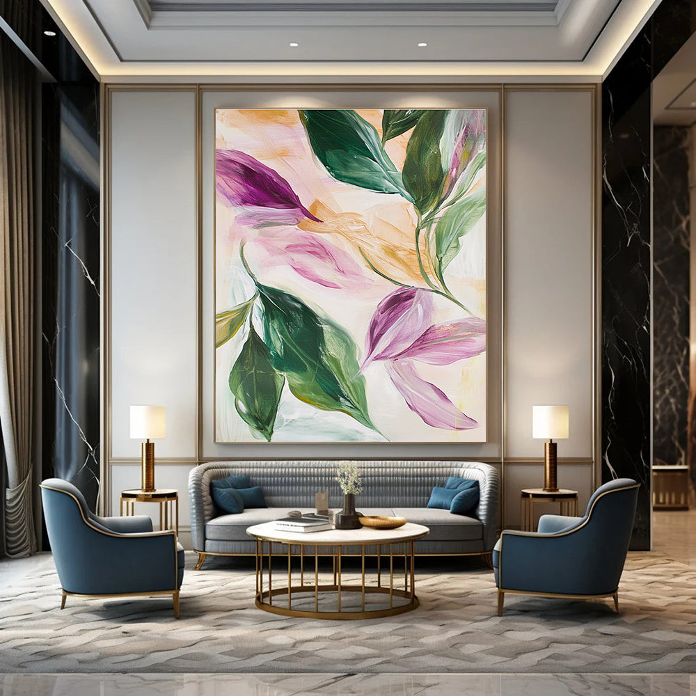 Abstract oil painting featuring leaves and flowers in pink green white beige and light gold with hints of purple and peach colors.STSC595